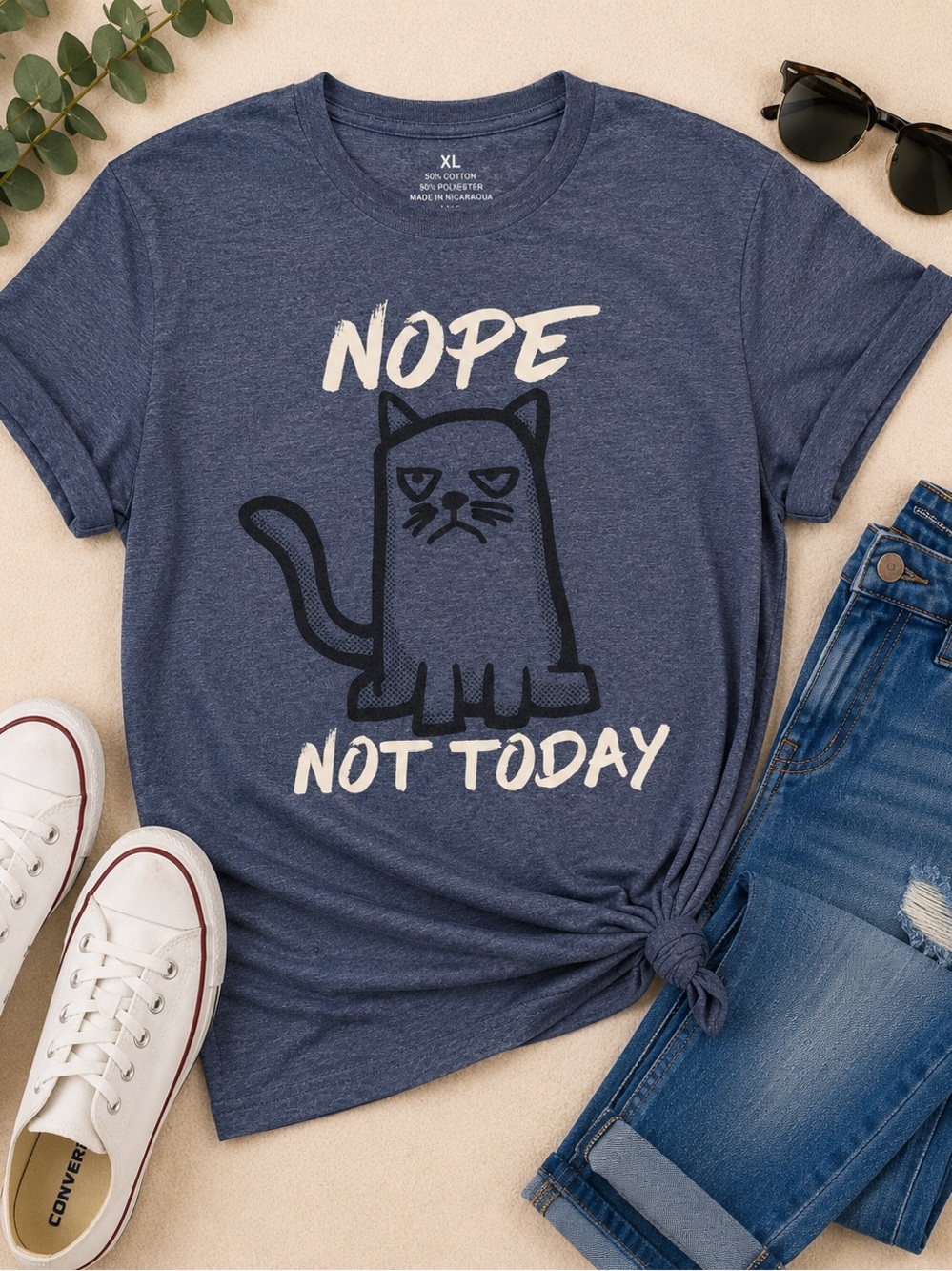 Funny Nope Not Today Cat Graphic Tee XL | Heather Blue Unisex T-Shirt